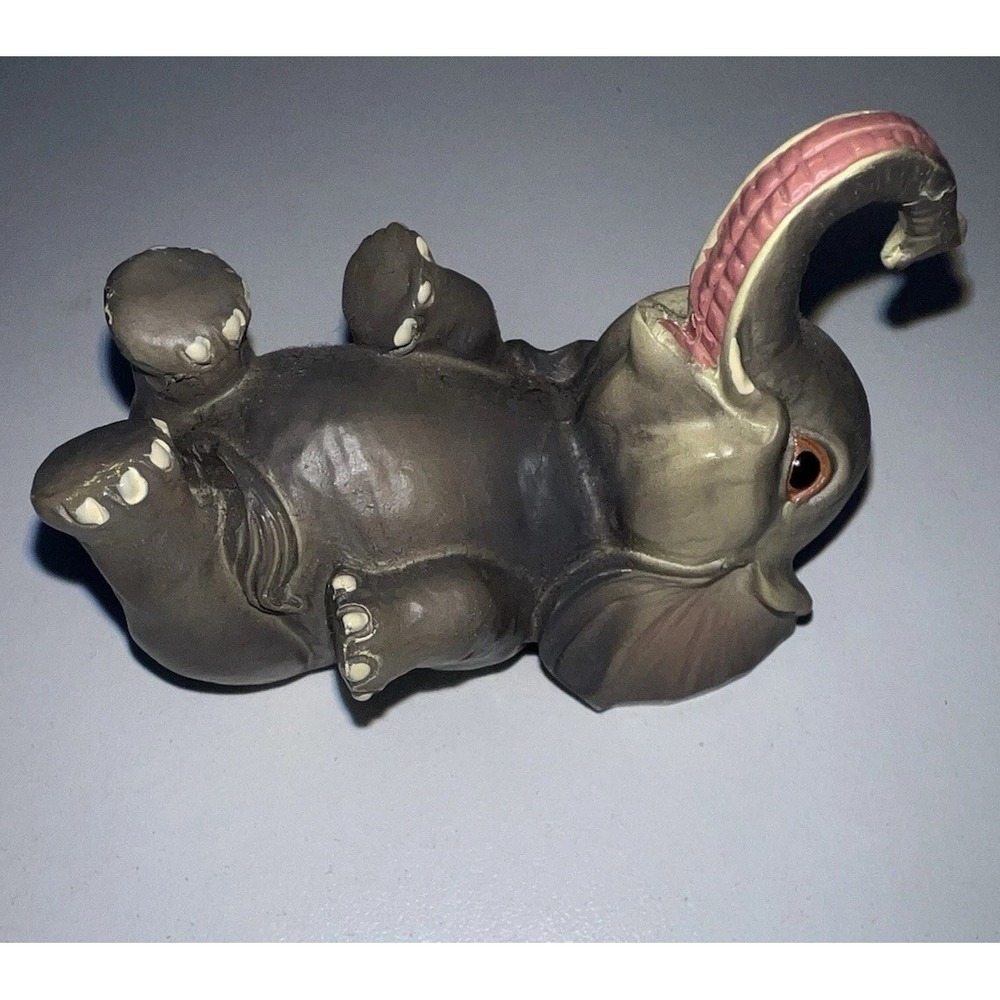 Hand Carved Mini Lucky Elephant Figurine Trunk Raised 3 Inch Gray 2007 Signed‎